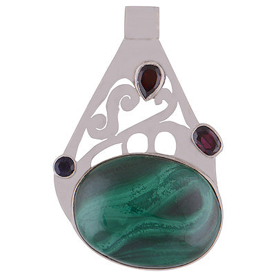 Stunning Handcrafted Gemstone Cluster Garnet,Iolite,Malachite Oval,Round,Pear Shape 925 Sterling Solid Silver Pendant - R8400007-18