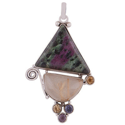 Gorgeous Handcrafted Gemstone Cluster Amethyst,Citrine,Iolite,Golden Rutile,Unakite Irregular Shape 925 Sterling Solid Silver Pendant - R8400007-20