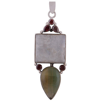 Beautiful Handcrafted Gemstone Cluster Garnet,Rainbow Moonstone,Fluorite Square,Round,Pear Shape 925 Sterling Solid Silver Pendant - R8400007-4