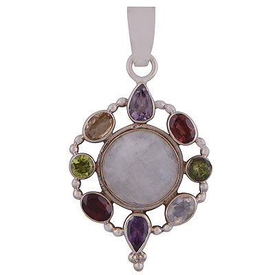 Gorgeous Handcrafted Gemstone Cluster Amethyst,Garnet,Peridot,Citrine,Rainbow Moonstone, Oval,Round,Pear Shape 925 Sterling Solid Silver Pendant - R8400007-5