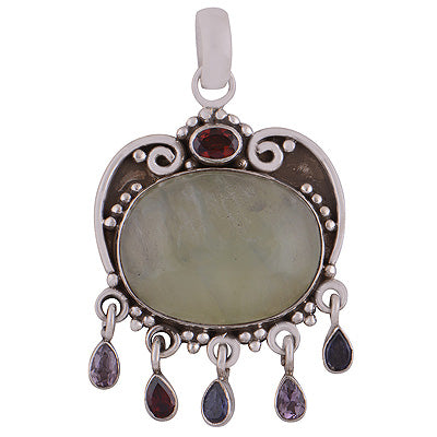 Alluring Handcrafted Gemstone Cluster Amethyst,Garnet,Iolite,Prehnite Pear,Oval Shape 925 Sterling Solid Silver Pendant - R8400007-6