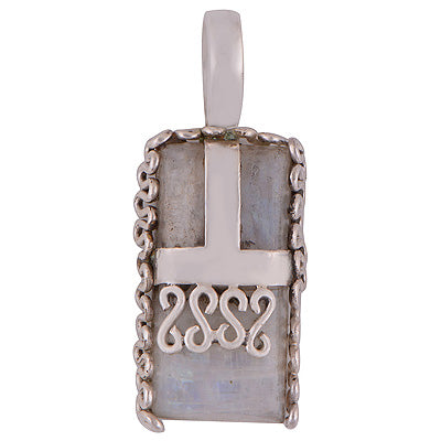Alluring Silver Work on Gemstone Rainbow Moonstone Rectangle Shape 925 Sterling Solid Silver Pendant - R8400008-16