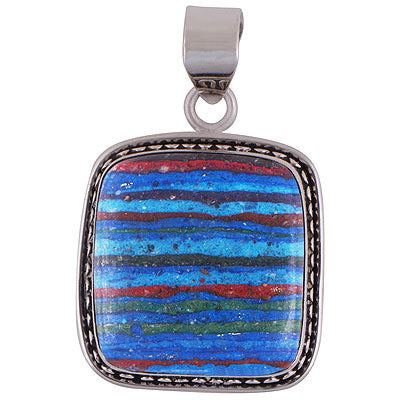 Authentic Rawa & Wire Handwork Around Rainbow Calsilica Square Shape 925 Sterling Solid Silver Pendant - R8400009-18