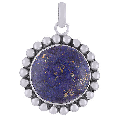 Beautiful Plain Silver work Around Lapis Round Shape 925 Sterling Solid Silver Pendant - R8400013-11