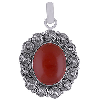 Stunning Plain Silver work Around Carnelian Oval Shape 925 Sterling Solid Silver Pendant - R8400013-12