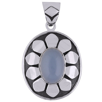 Alluring Plain Silver work Around Blue Chalcedony Oval Shape 925 Sterling Solid Silver Pendant - R8400013-13
