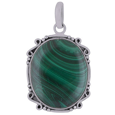 Stunning Plain Silver Work Malachite Oval Shape 925 Sterling Solid Silver Pendant - R8400013-21