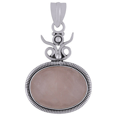 Alluring Plain Silver work Around Rose Quartz Oval Shape 925 Sterling Solid Silver Pendant - R8400013-25