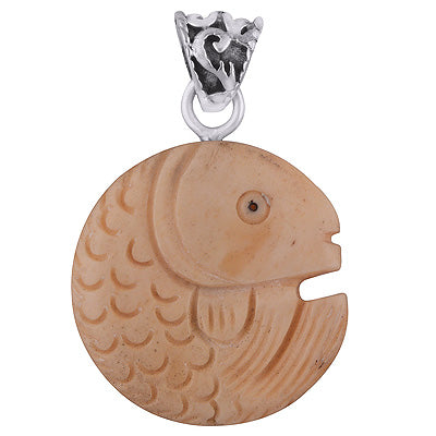 Beautifully Carved out Fish Face Out Of Bone Bone Face Oval Shape 925 Sterling Solid Silver Pendant - R8400014-7