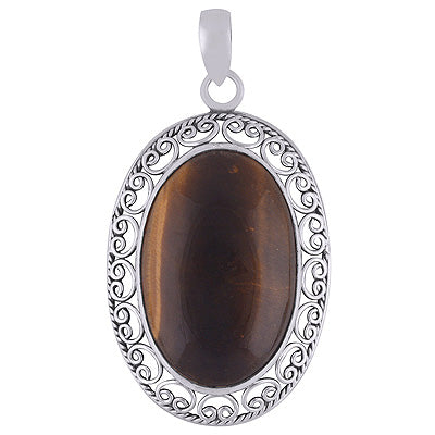 Authentic Work Around Tiger's Eye Oval Shape 925 Sterling Solid Silver Pendant - R8400016-18
