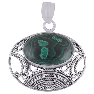Stunning Handwork Around Malachite Oval Shape 925 Sterling Solid Silver Pendant - R8400016-19