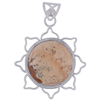 Beautiful Textured Wire Work Around Leopard Skin Jasper Round Shape 925 Sterling Solid Silver Pendant - R8400016-23