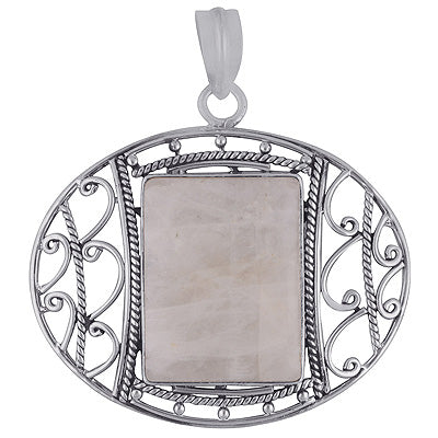 Gorgeous Handcrafted Work Around Rainbow Moonstone Rectangle Shape 925 Sterling Solid Silver Pendant - R8400016-3