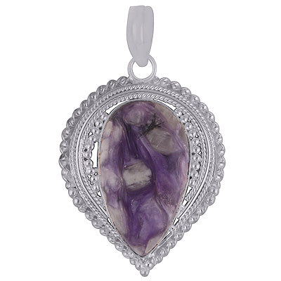 Authentic Work Around Charoite Pear Shape 925 Sterling Solid Silver Pendant - R8400016-9