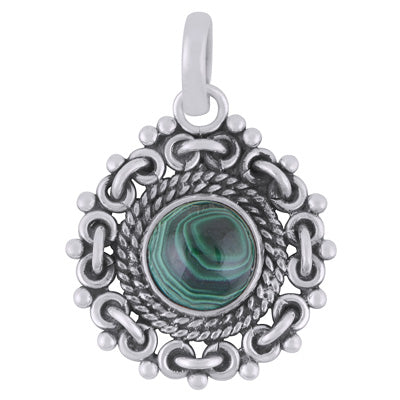 Stunning Handcrafted Work Around Malachite Round Shape 925 Sterling Solid Silver Pendant - R8400019-17
