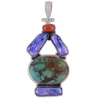 Alluring Abstract design loaded with Gemstones Turquoise,Coral,Shell Irregular Shape 925 Sterling Solid Silver Pendant - R8400021-11