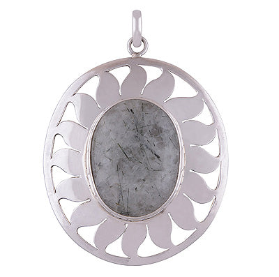 Stunning Sun Cut work Around Black Rutile Oval Shape 925 Sterling Solid Silver Pendant - R8400023-3