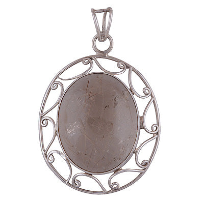 Gorgeous Handwork Pattern Around Golden Rutile Oval Shape 925 Sterling Solid Silver Pendant - R8400023-8