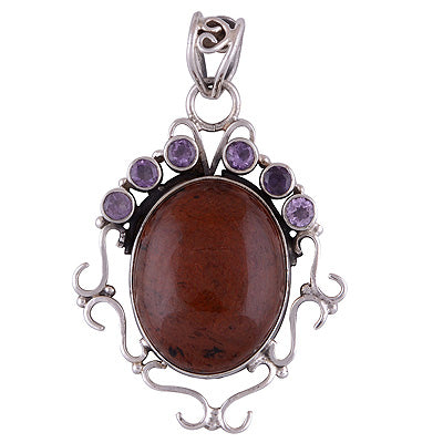 Stunning Handwork & Gemstone work Around Amethyst,Mahogany Obsidian Round,Oval Shape 925 Sterling Solid Silver Pendant - R8400024-11