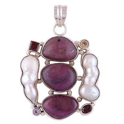 Gorgeous Loaded with Gemstones Shell,Garnet,Ruby,Amethyst,Citrine Irregular Shape 925 Sterling Solid Silver Pendant - R8400024-12
