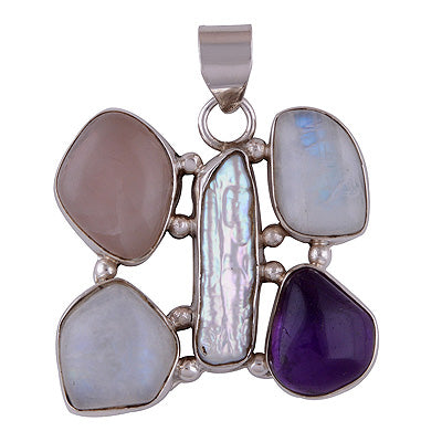 Stunning multiple colour Gemstones Around Amethyst,Shell,Rose Quartz Fancy Shape 925 Sterling Solid Silver Pendant - R8400024-13