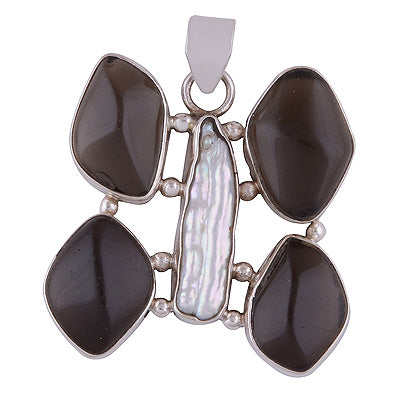 Stunning Multiple Shaped Gemstones Around Shell,Smoky Quartz Fancy Shape 925 Sterling Solid Silver Pendant - R8400024-15