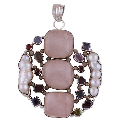Alluring Gemstone Cluster Around Amethyst,Garnet,Peridot,Iolite,Smoky Topaz,Rose Quartz,Shell Irregular Shape 925 Sterling Solid Silver Pendant - R8400024-16