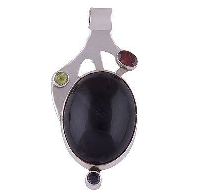 Multicoloured Gemstones Around Amethyst,Garnet,Peridot,Iolite Round,Oval Shape 925 Sterling Solid Silver Pendant - R8400024-4