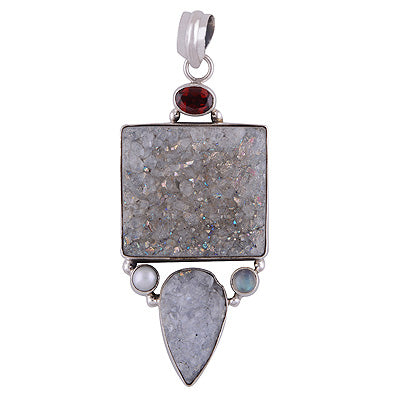 Beautiful Multi coloured Gemstones Around Druzy,Pearl,Garnet,Rainbow Moonstone Irregular Shape 925 Sterling Solid Silver Pendant - R8400024-6