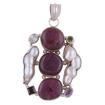 Beautiful Loaded with Gemstones Shell,Amethyst,Garnet,Peridot,Ruby,White Cubic Zirconia Irregular Shape 925 Sterling Solid Silver Pendant - R8400024-7