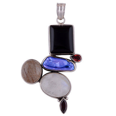 Beautiful Multi Shaped Gemstone Shell,Rainbow Moonstone,Garnet,Black Onyx,Golden Rutile Irregular Shape 925 Sterling Solid Silver Pendant - R8400024-8