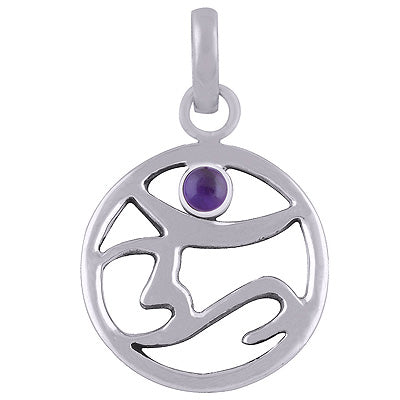 Beautiful Om with Gemstone Amethyst Round Shape 925 Sterling Solid Silver Pendant - R8400026-1
