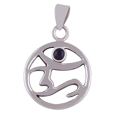 Beautiful Om with Gemstone Amethyst Round Shape 925 Sterling Solid Silver Pendant - R8400026-2