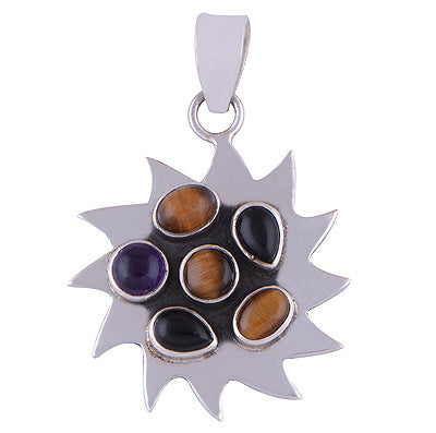 Gorgeous Sun out of Gemstone Cluster Amethyst,Tiger's Eye,Black Onyx Irregular Shape 925 Sterling Solid Silver Pendant - R8400026-9