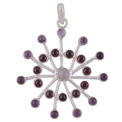 Gorgeous Unique Handmade Loaded with Gemstone Amethyst,Garnet,Rainbow Moonstone Round Shape 925 Sterling Solid Silver Pendant - R8400027-15