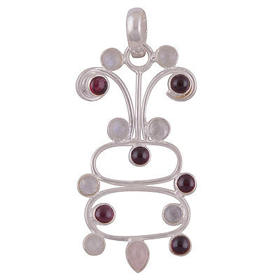 Alluring Unique Handmade Loaded with Gemstone Garnet,Rainbow Moonstone,Rose Quartz Round,Pear Shape 925 Sterling Solid Silver Pendant - R8400027-17