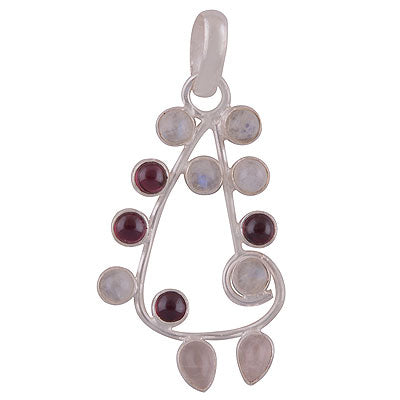 Magnificent Unique Handmade Loaded with Gemstone Garnet,Rainbow Moonstone,Rose Quartz Round,Pear Shape 925 Sterling Solid Silver Pendant - R8400027-18