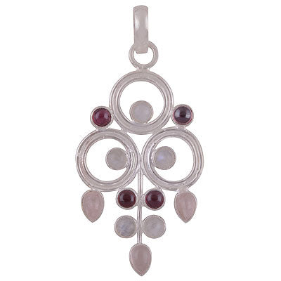 Gorgeous Unique Handmade Loaded with Gemstone Garnet,Rainbow Moonstone,Rose Quartz Round,Pear Shape 925 Sterling Solid Silver Pendant - R8400027-20