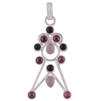 Stunning Unique Handmade Loaded with Gemstone Garnet,Rose Quartz,Black Onyx Round,Pear Shape 925 Sterling Solid Silver Pendant - R8400027-21