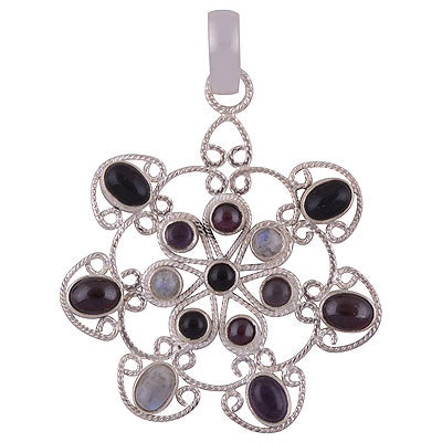 Alluring Unique Handmade Loaded with Gemstone Amethyst,Garnet,Rainbow Moonstone,Black Onyx Round,Oval Shape 925 Sterling Solid Silver Pendant - R8400027-22