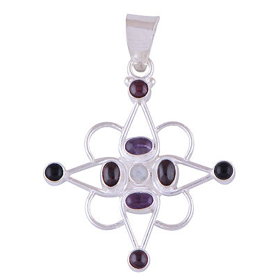 Beautiful Star Pattern Loaded with Gemstones Amethyst,Garnet,Rainbow Moonstone,Black Onyx Round,Oval Shape 925 Sterling Solid Silver Pendant - R8400027-4