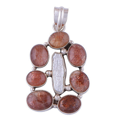 Beautiful Gemstones Sun Stone,Shell Oval Shape 925 Sterling Solid Silver Pendant - R8400028-2