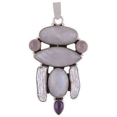 Stunning Abstract design loaded with Gemstones Amethyst,Rainbow Moonstone,Rose Quartz,Shell Irregular Shape 925 Sterling Solid Silver Pendant - R8400031-10