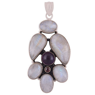 Alluring Abstract design loaded with Gemstones Amethyst,Garnet,Rainbow Moonstone Irregular Shape 925 Sterling Solid Silver Pendant - R8400031-11