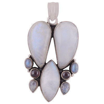 Beautiful Abstract design loaded with Gemstones Garnet,Rainbow Moonstone Irregular Shape 925 Sterling Solid Silver Pendant - R8400031-12