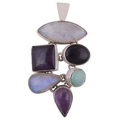 Alluring Abstract design loaded with Gemstones Amethyst,Turquoise,Rainbow Moonstone,Black Onyx Irregular Shape 925 Sterling Solid Silver Pendant - R8400031-15