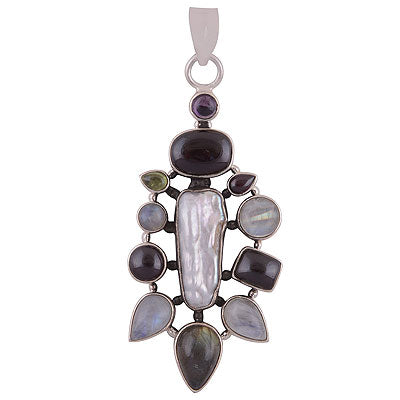 Stunning Abstract design loaded with Gemstones Amethyst,Garnet,Peridot,Rainbow Moonstone,Labradorite,Shell Irregular Shape 925 Sterling Solid Silver Pendant - R8400031-18