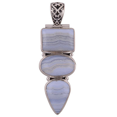 Alluring Abstract design loaded with Gemstones Blue Lace Agate Irregular Shape 925 Sterling Solid Silver Pendant - R8400031-7
