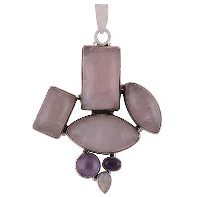 Gorgeous Abstract design loaded with Gemstones Amethyst,Rainbow Moonstone,Rose Quartz Irregular Shape 925 Sterling Solid Silver Pendant - R8400031-9