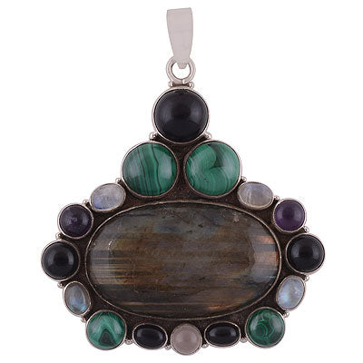 Gorgeous Multicoloured Gemstone Around Amethyst,Rainbow Moonstone,Labradorite,Rose Quartz,Malachite,Black Onyx Irregular Shape 925 Sterling Solid Silver Pendant - R8400032-10